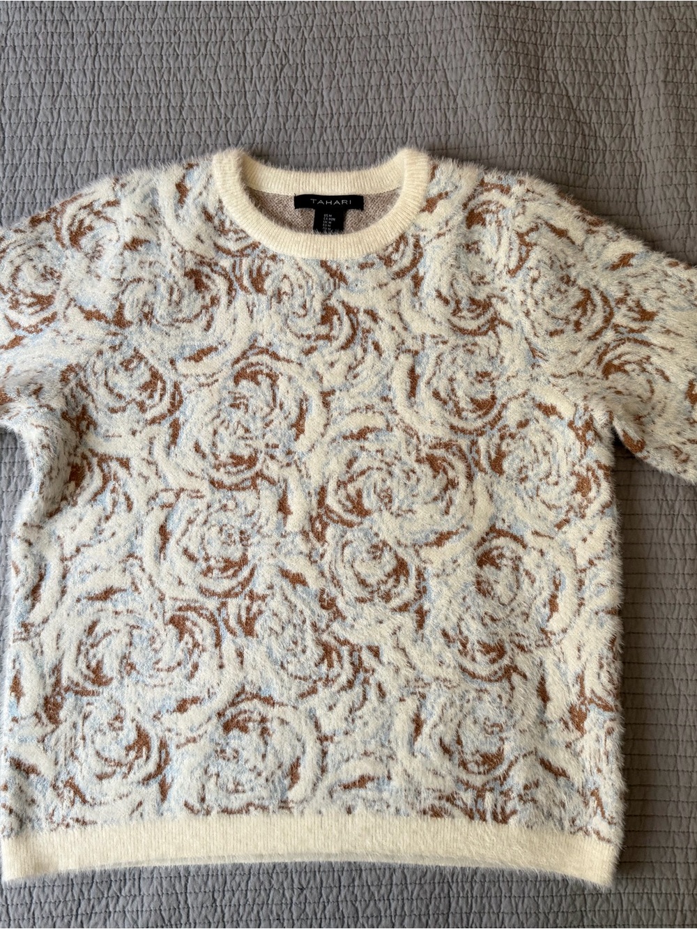Tahari Cream and Brown Floral-Pattern Crewneck Sweater